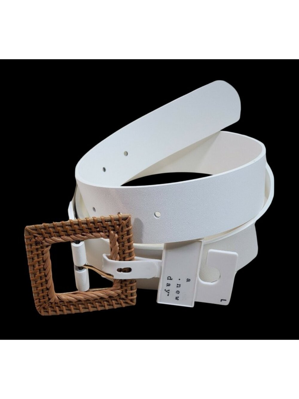 2/2 White Bonded Leather Belt With Woven Buckle By A New Day - Size Large and Sm